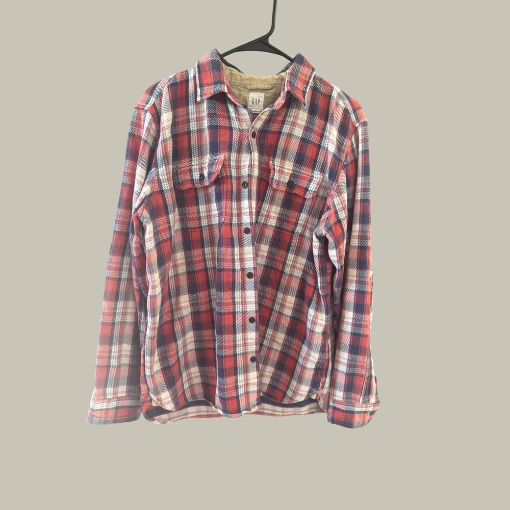 Gap Mens Flannel Shirt Large Red Navy Blue Plaid Cotton Button Down Long Sleeve
